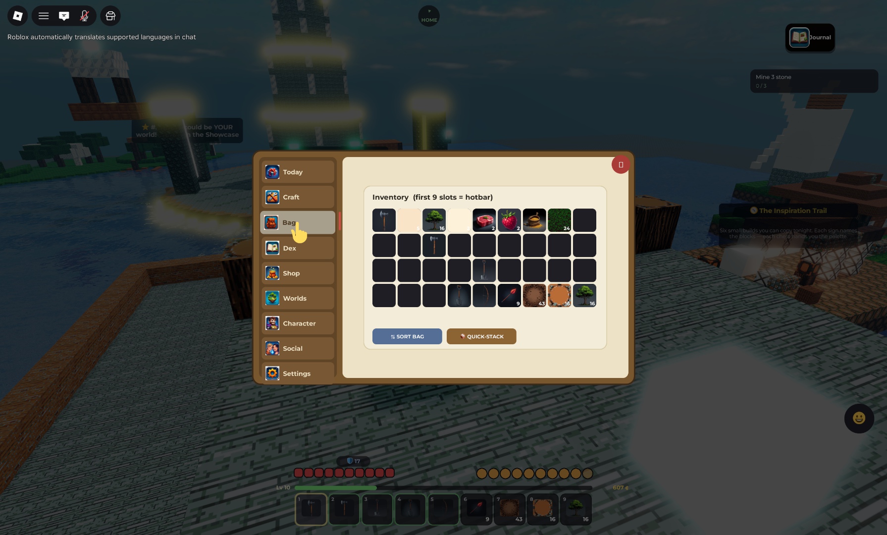 Your bag: first 9 slots are the hotbar. SORT BAG tidies; QUICK-STACK feeds nearby chests.