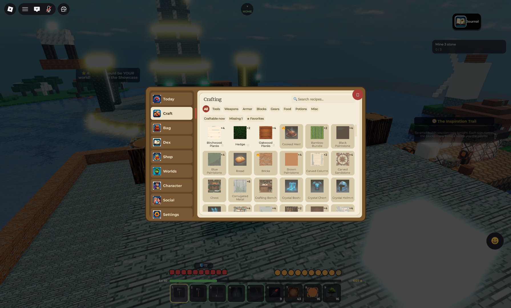The Craft page: category chips + search + Craftable-now filter, and a card per recipe with ingredients and one-tap craft.