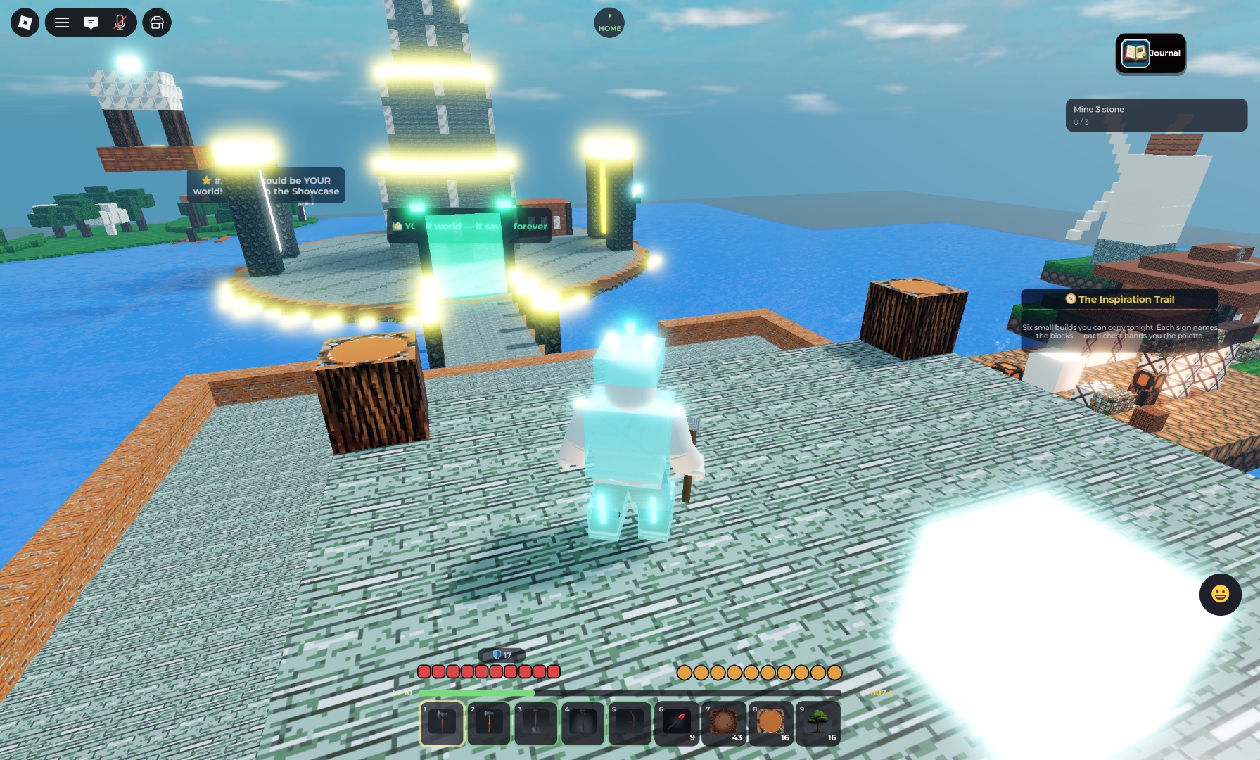 Your screen: quest tracker (top right), the Journal book (top right — everything lives in it), hotbar + hearts + hunger (bottom).