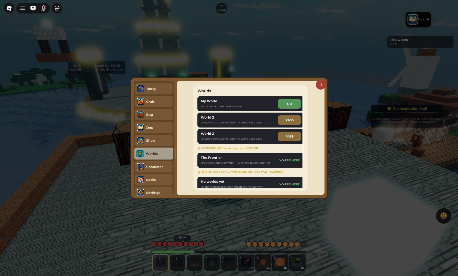 The WORLDS panel: your worlds, extra slots, Ascension count, the Frontier, and the Showcase gallery.